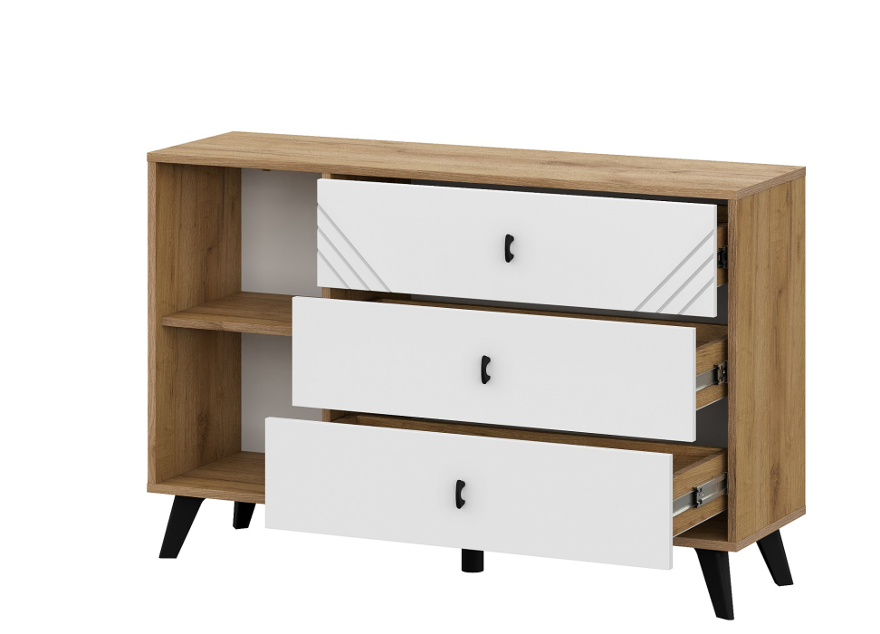 Комоды, Комод 3 ящика Байкал (со створкой), Дуб Золотой, Белый матовый