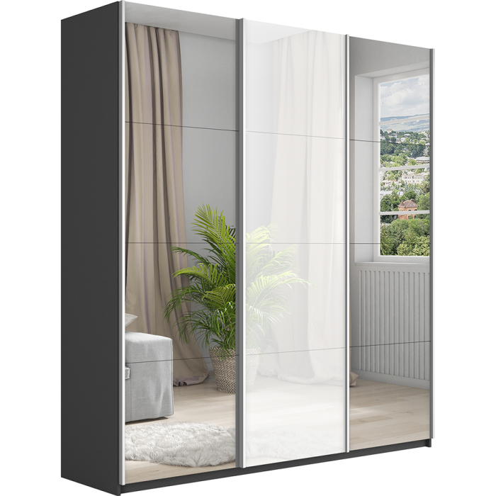 Шкафы-купе 3-х дверные, Шкаф-купе Прайм 3-х дверный Зеркала/Стекло белое/Доводчики 210х57х230