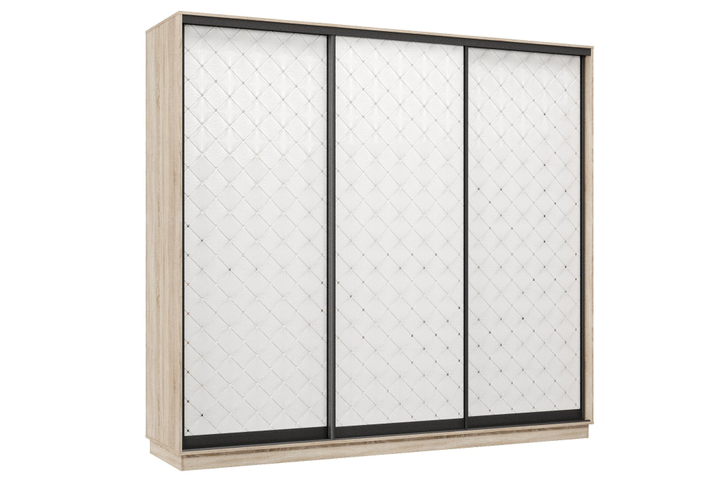 Шкафы-купе 3-х дверные, Шкаф-купе Премьер 36 (01РБ;01РБ;01РБ) фасады ромб белый/трёхдверный/Профиль чёрный муар