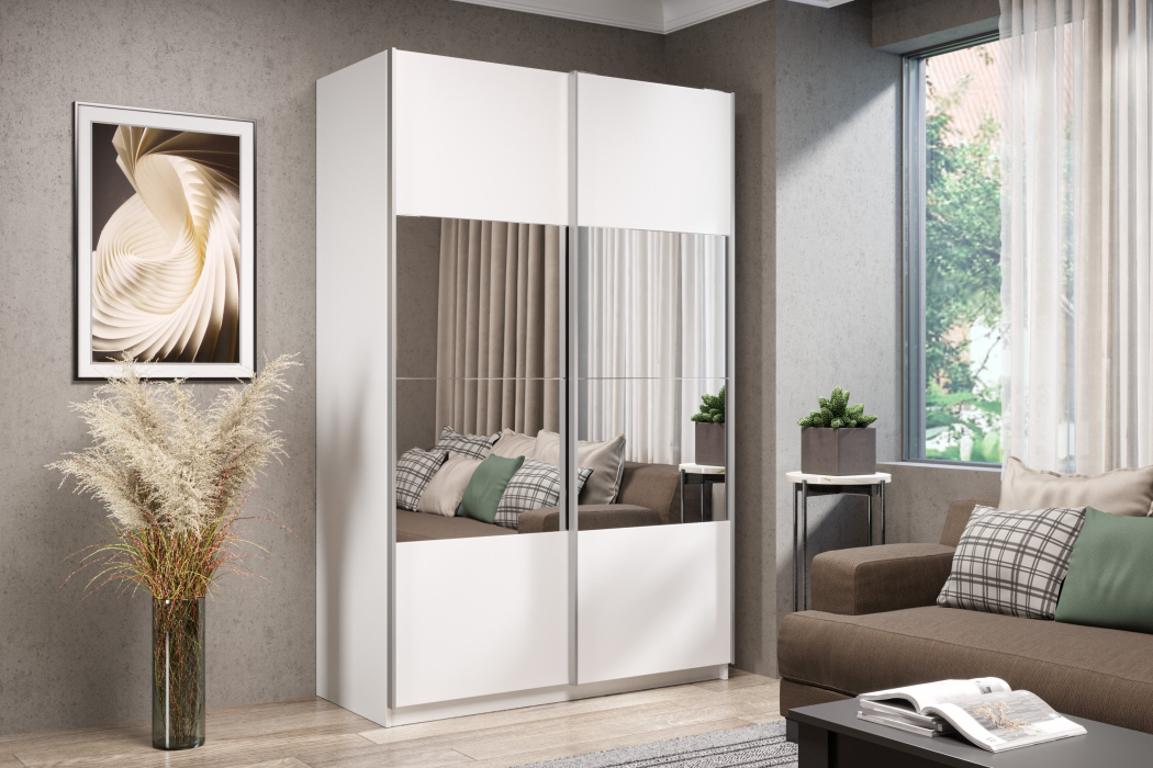 Шкафы-купе 2-х дверные, Шкаф-купе Smart 1422 2х дверный (фасады ЛДСП/зеркало) профиль серебро