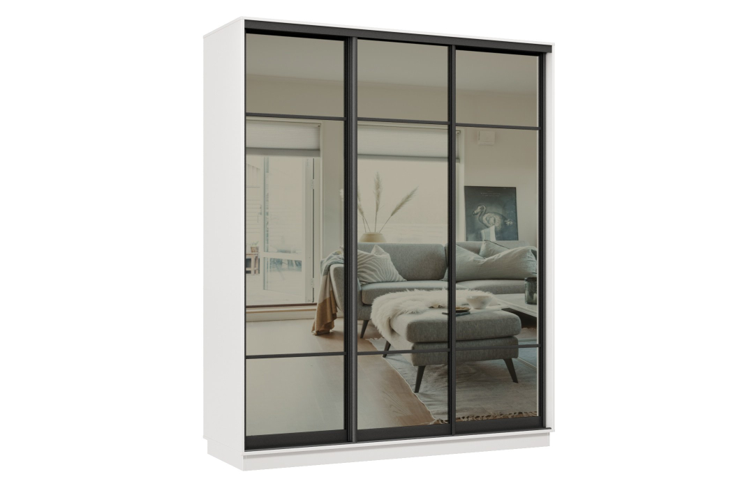 Шкафы-купе 3-х дверные, Шкаф-купе Премьер 24 (11ЗГ;11ЗГ;11ЗГ) фасады зеркало графит/трёхдверный/Профиль чёрный муар