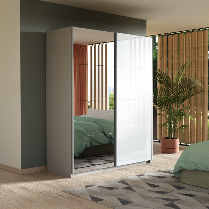 Шкафы-купе 2-х дверные, Шкаф-купе Прайм 2х дверный Зеркало/Белый Глянец 140х57х230