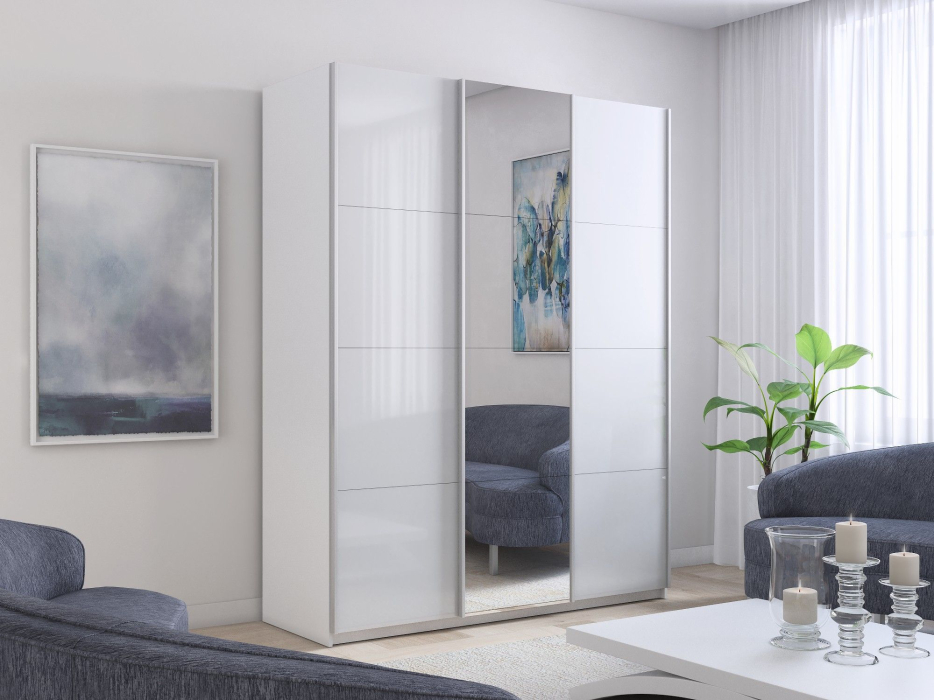 Шкафы-купе 3-х дверные, Шкаф-купе Прайм 3-х дверный Стекла белые/Зеркало/Доводчики 180х57х230