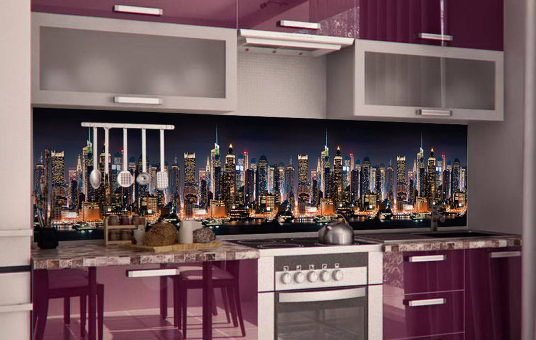 Стеновые панели из АБС-пластика, Кухонный фартук Ночной город 2000x600x1.5 мм глянец