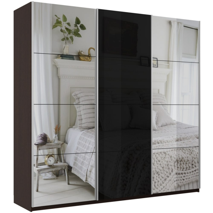 Шкафы-купе 3-х дверные, Шкаф-купе Прайм 3-х дверный Зеркала/Стекло черное/Доводчики 180х57х230