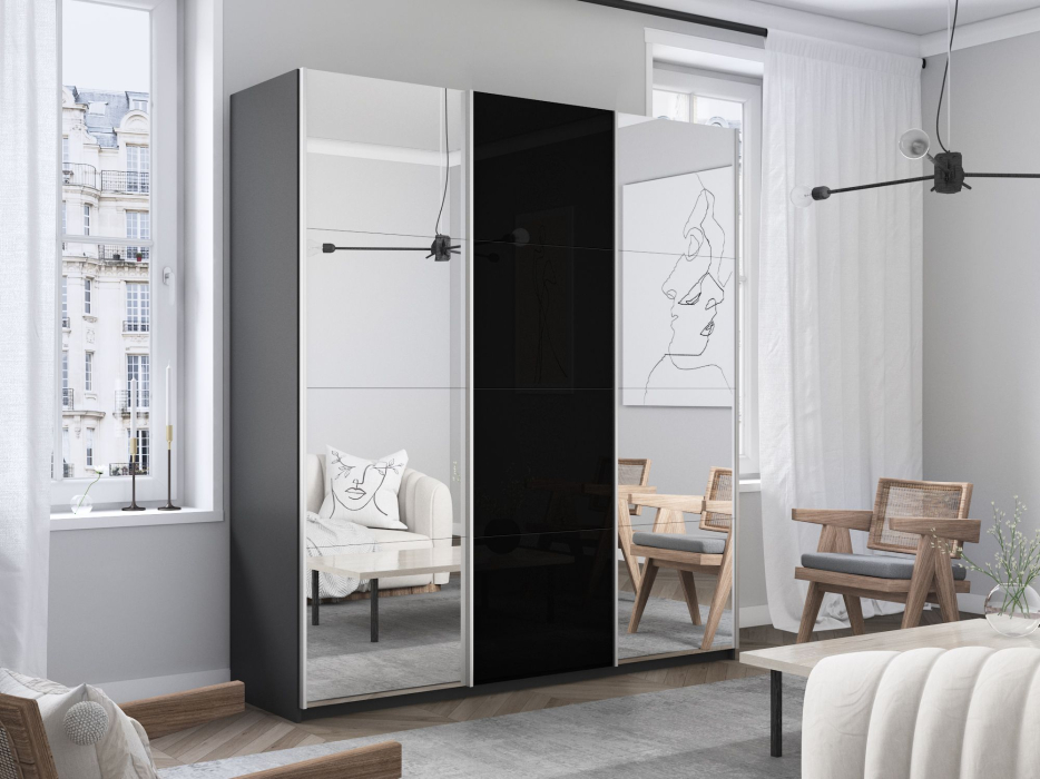 Шкафы-купе 3-х дверные, Шкаф-купе Прайм 3-х дверный Зеркала/Стекло черное/Доводчики 210х57х230