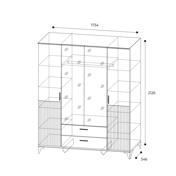 Для одежды, Шкаф 4-х дверный с ящиками и зеркалом Дюна