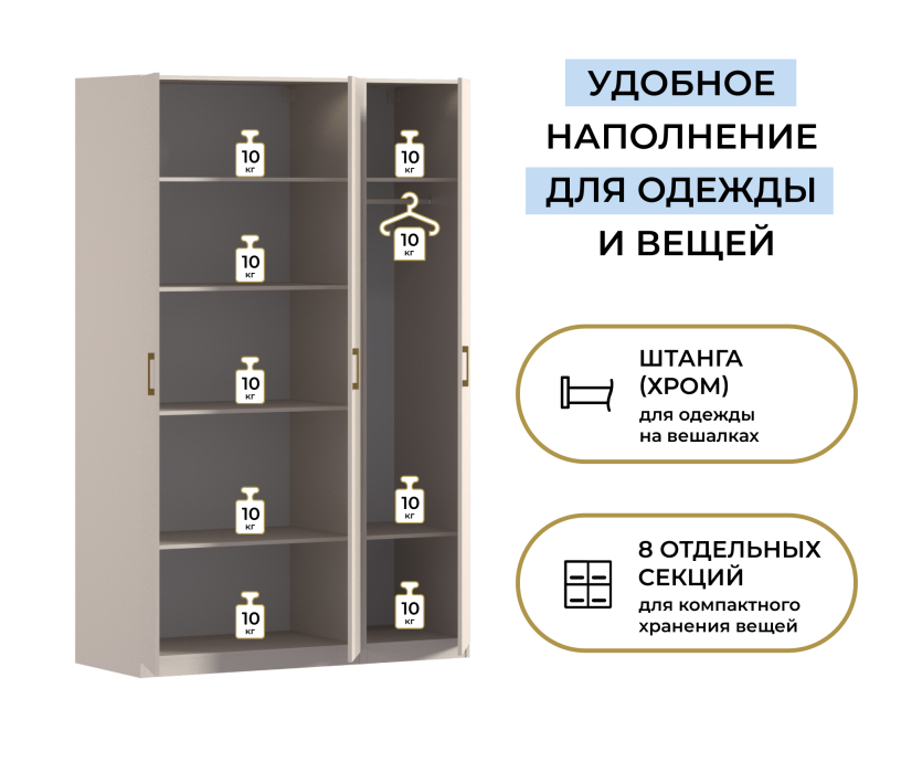 Для одежды, Шкаф трехдверный Макс 1500 мм, вариант №3 (ЛДСП)