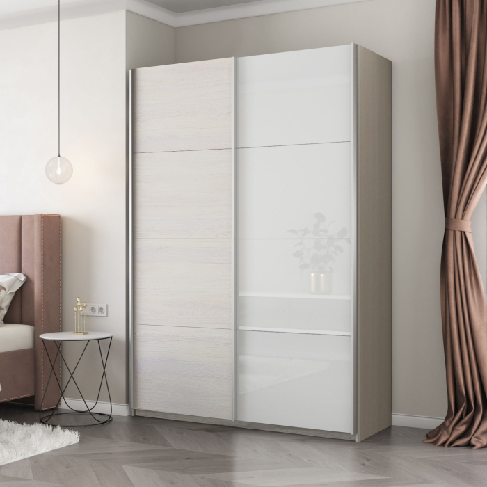 Шкафы-купе 2-х дверные, Шкаф-купе Прайм 2-х дверный ДСП/Стекло белое/Доводчики 140х57х230