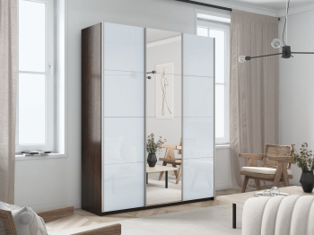 Шкаф-купе Прайм 3-х дверный Стекла белые/Зеркало/Доводчики 180х57х230