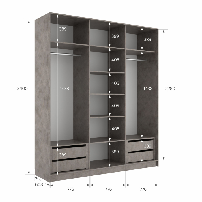 Шкафы-купе 3-х дверные, Шкаф-купе Эста 3-х дверный Стекла пудра/Доводчик 240х66х240