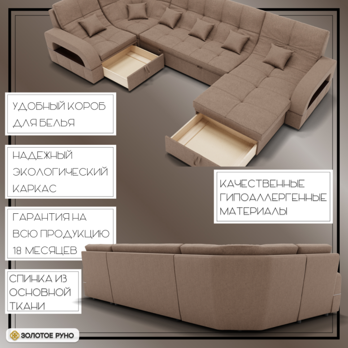 Диваны угловые в гостиную, П-образный диван Майами-4 ППУ, велюр