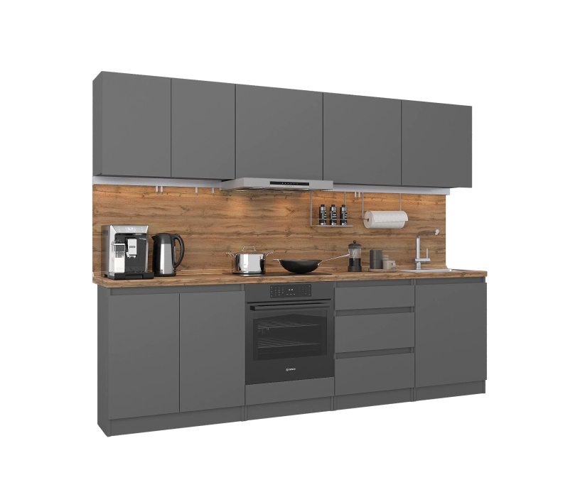 Кухонные гарнитуры, Кухонный гарнитур Леон прямой 260 см, диамант серый