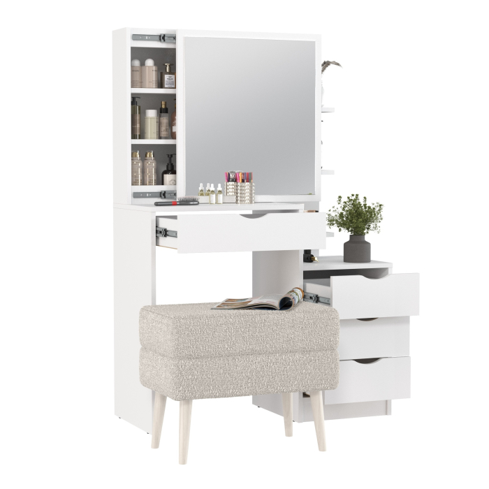 С зеркалом, Туалетный столик 4-25911 с банкеткой для удобного сидения Тифани