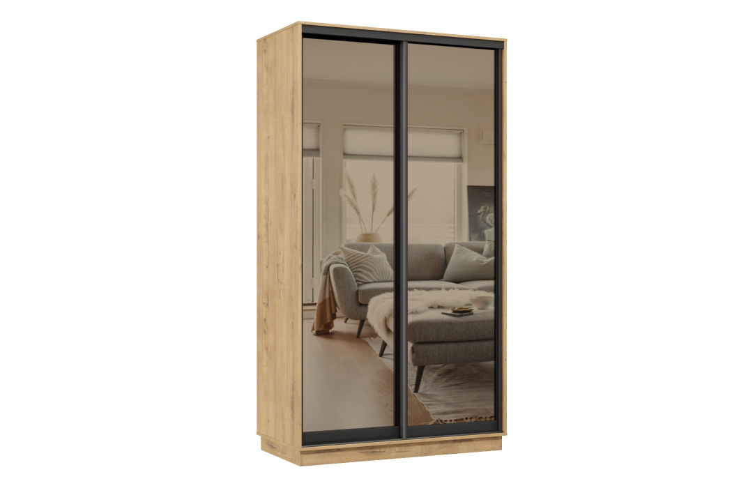 Шкафы-купе 2-х дверные, Шкаф-купе Премьер 09 (01ЗБ;01ЗБ) фасады зеркало бронза/двухдверный/Профиль чёрный муар