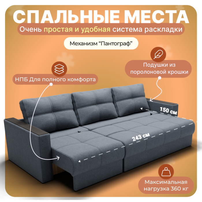 Диваны угловые, Угловой Диван Лофт-2 с выдвижной оттоманкой, НПБ, Квест