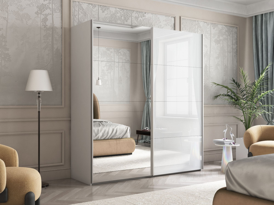 Шкафы-купе 2-х дверные, Шкаф Эста дуо Стекло белое/зеркало 2400 х 1600 х 660