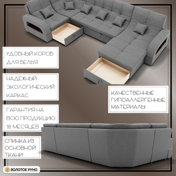 Диваны угловые в гостиную, П-образный диван Майами-4 ППУ, велюр