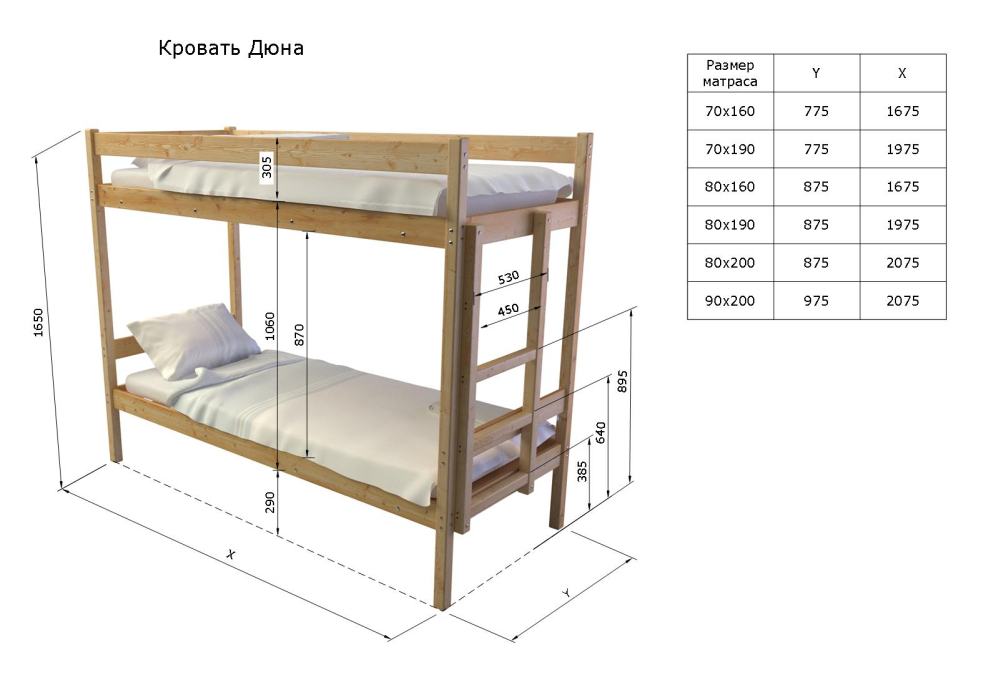 Кровати из массива, Двухъярусная кровать Дюна 80х190